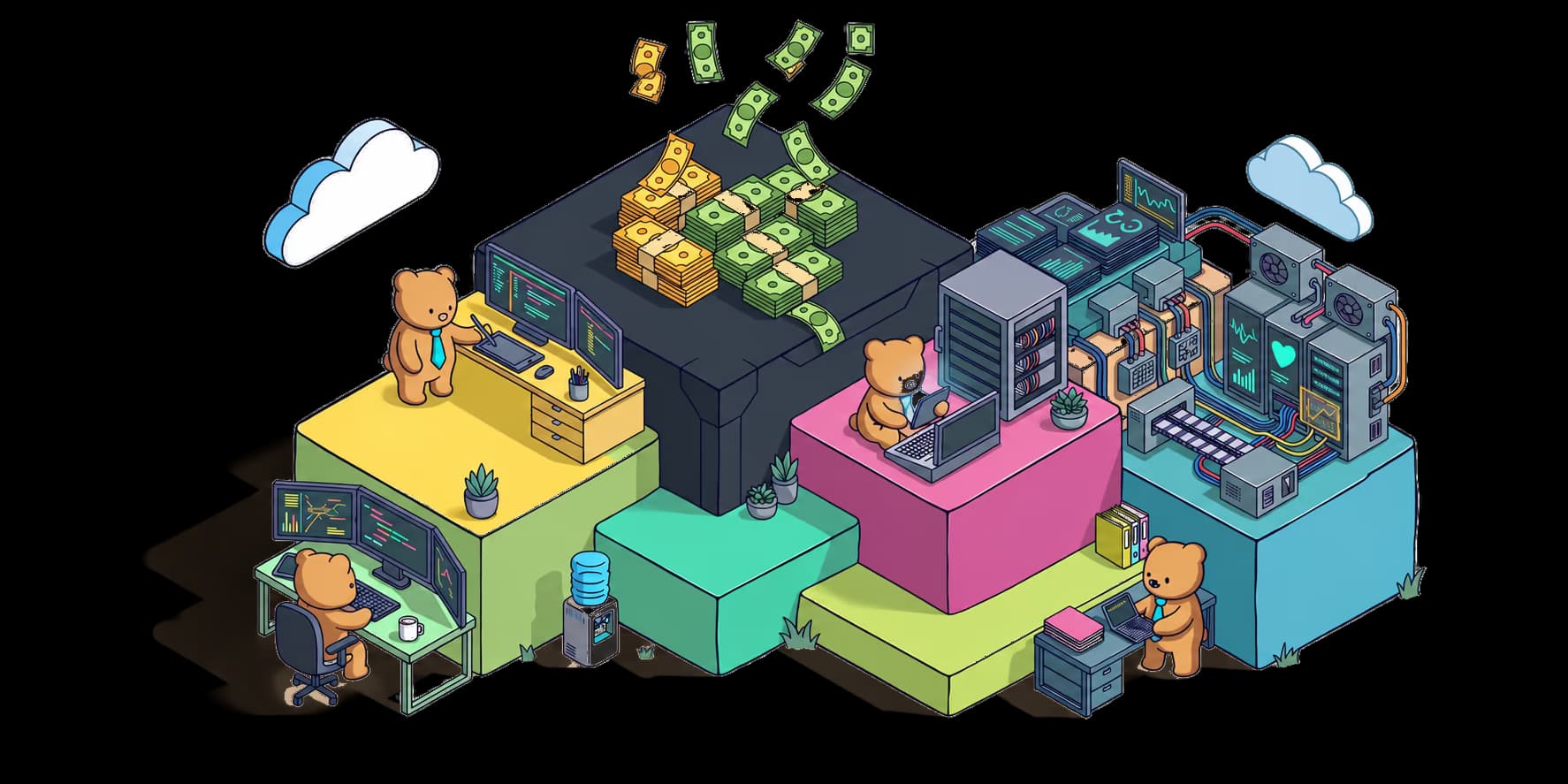 Crewmates working at their stations across connected tools